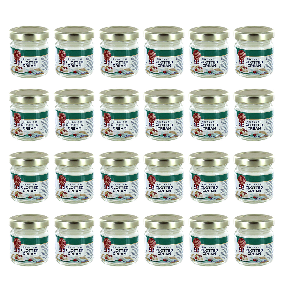 Four rows of six 1oz jars of English Clotted Cream on a white background