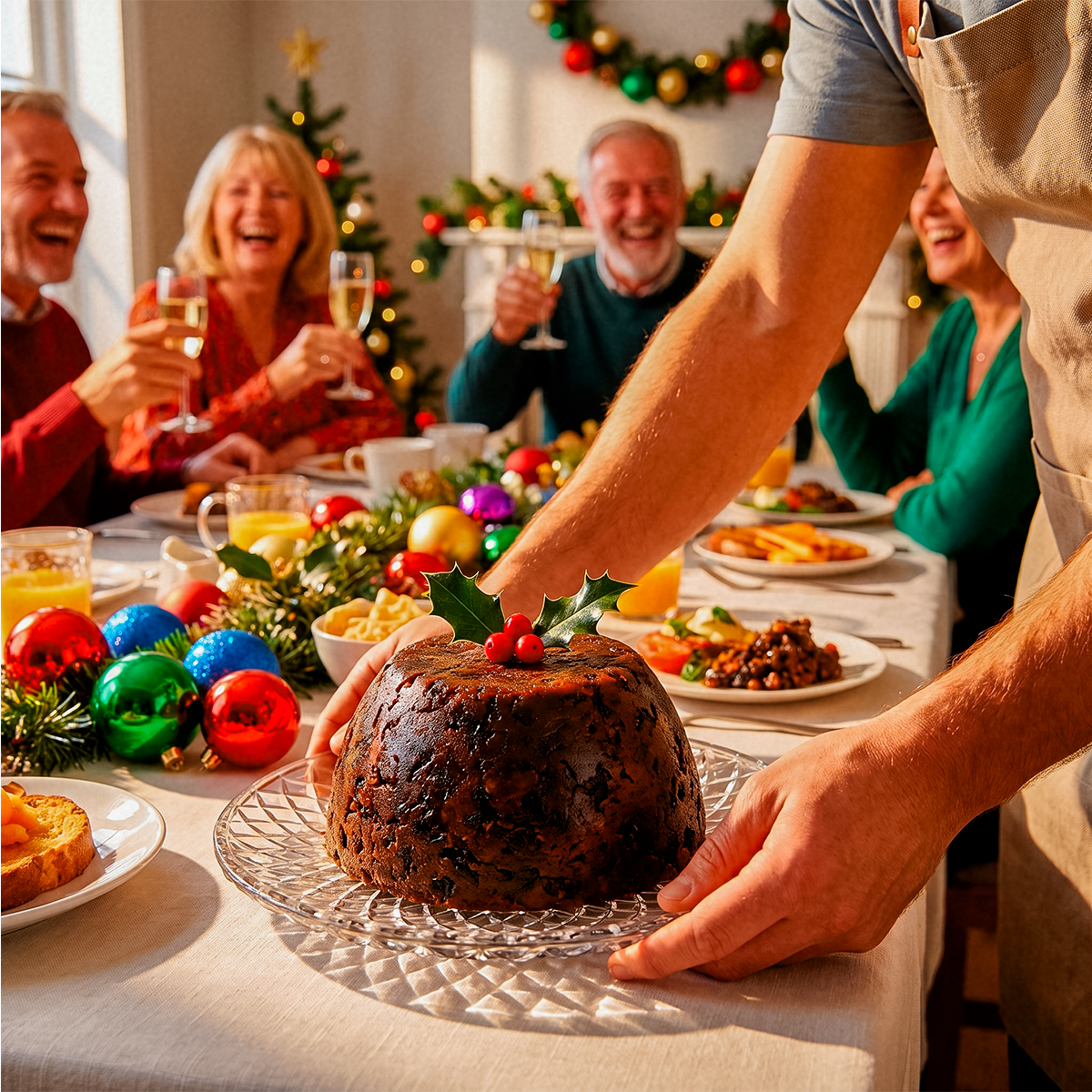 Hand reaching for a Christmas pudding on a holiday table with decorations