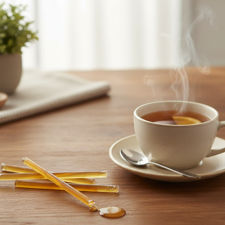 Steaming cup of tea with lemon on a wooden table, accompanied by honey sticks.