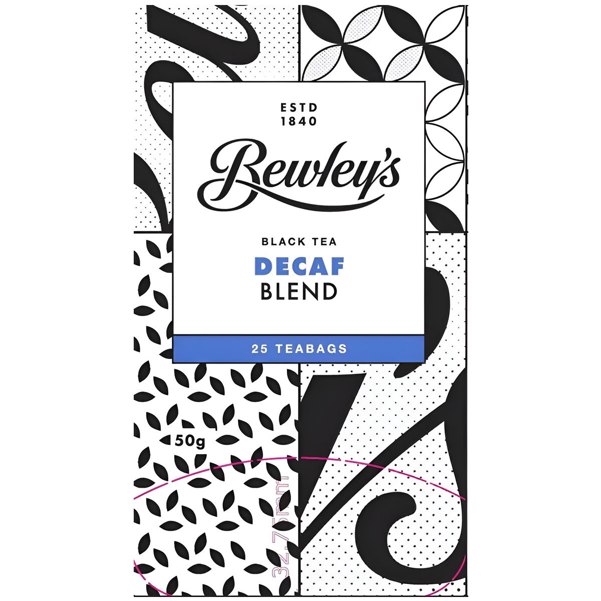 Packaging of Bewley's Decaf Black Tea Blend with decorative patterns on a white background