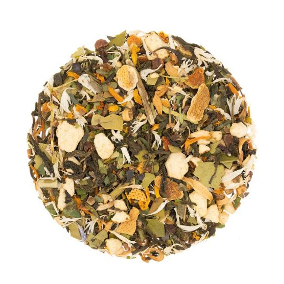 Loose-leaf tea blend with green leaves, large chunks of dried ginger or citrus peel, white flower petals, orange marigold flecks, and small herb flakes.