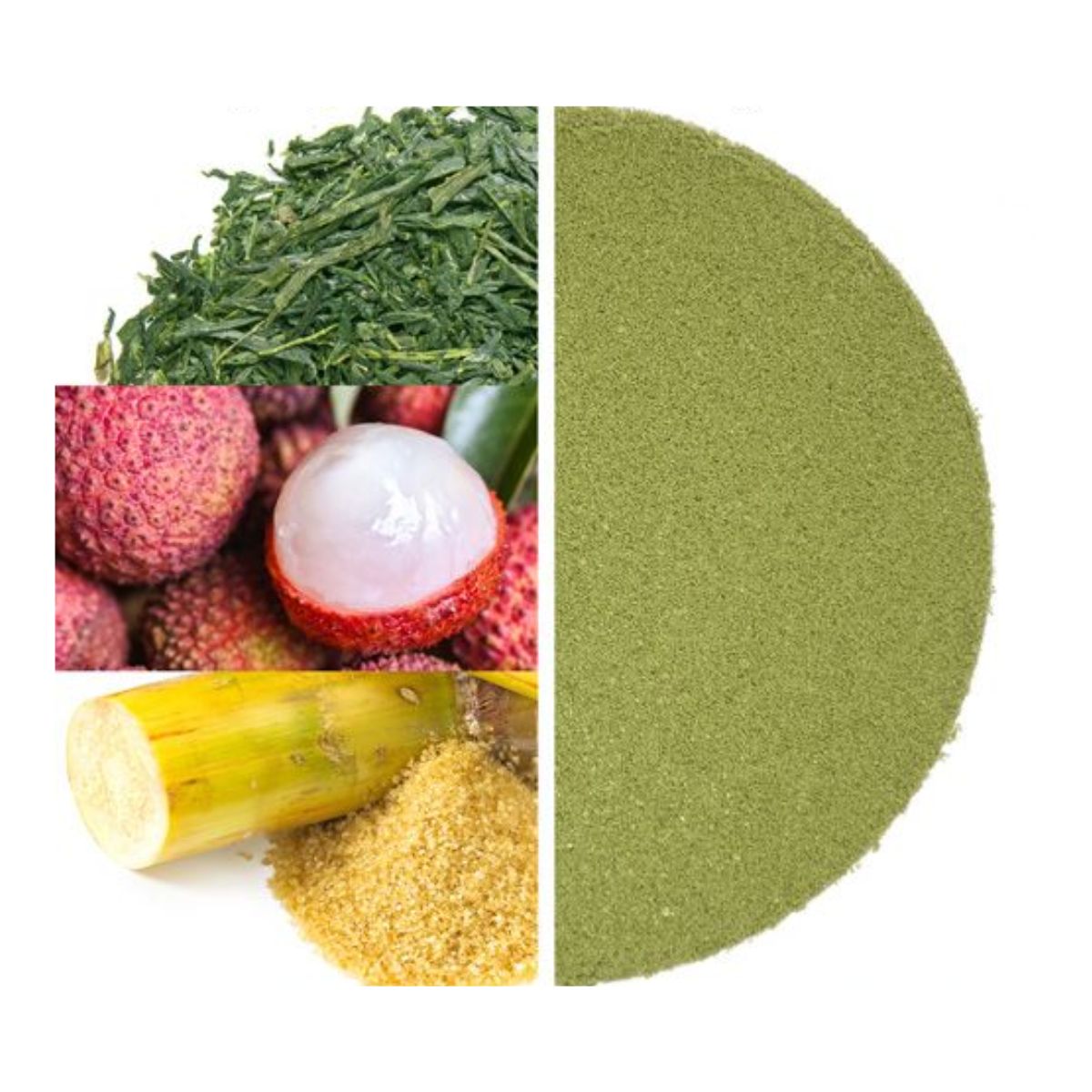 Ingredient collage for lychee matcha tea showing loose green tea leaves, whole and peeled lychee fruits, sugarcane stalk with raw sugar, and a large circle of fine green matcha powder.