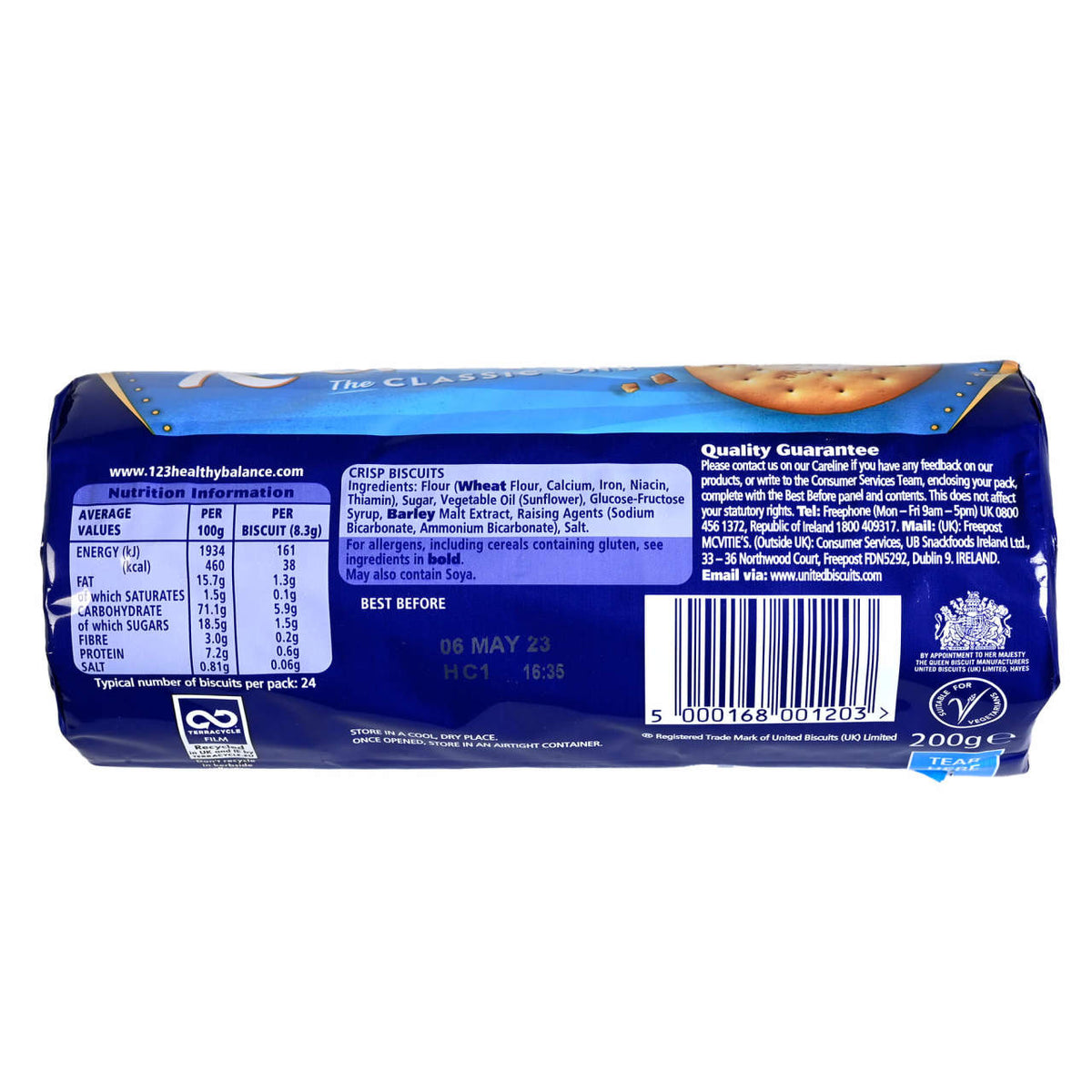 Packaged McVitie's Rich Tea biscuits on a white background