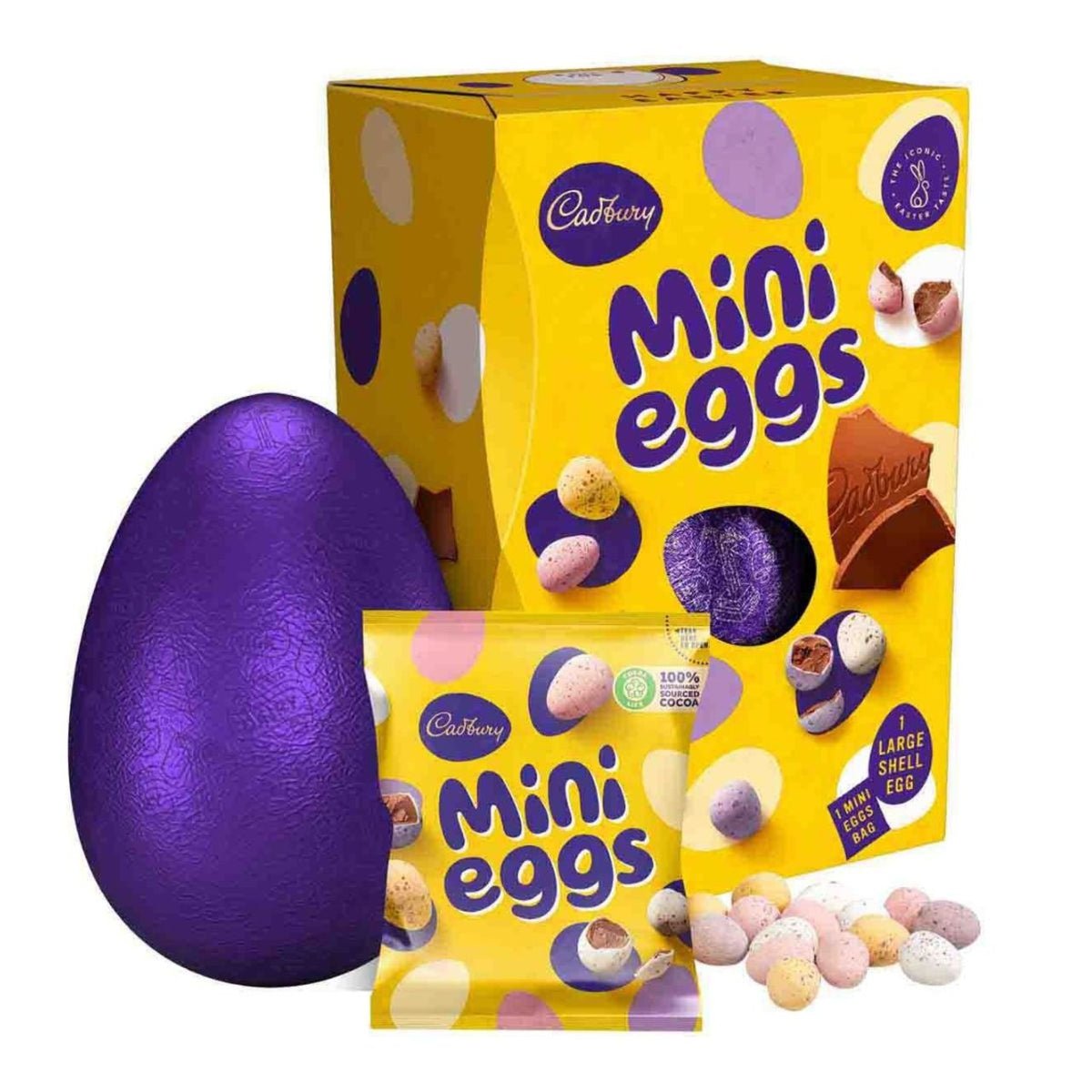 Cadbury Mini Eggs packaging with a large purple egg on a white background