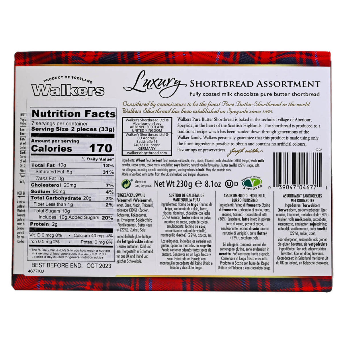 Back of a box of Walkers Luxury Shortbread Assortment with plaid design and featuring a large white label with product information including nutrition facts.