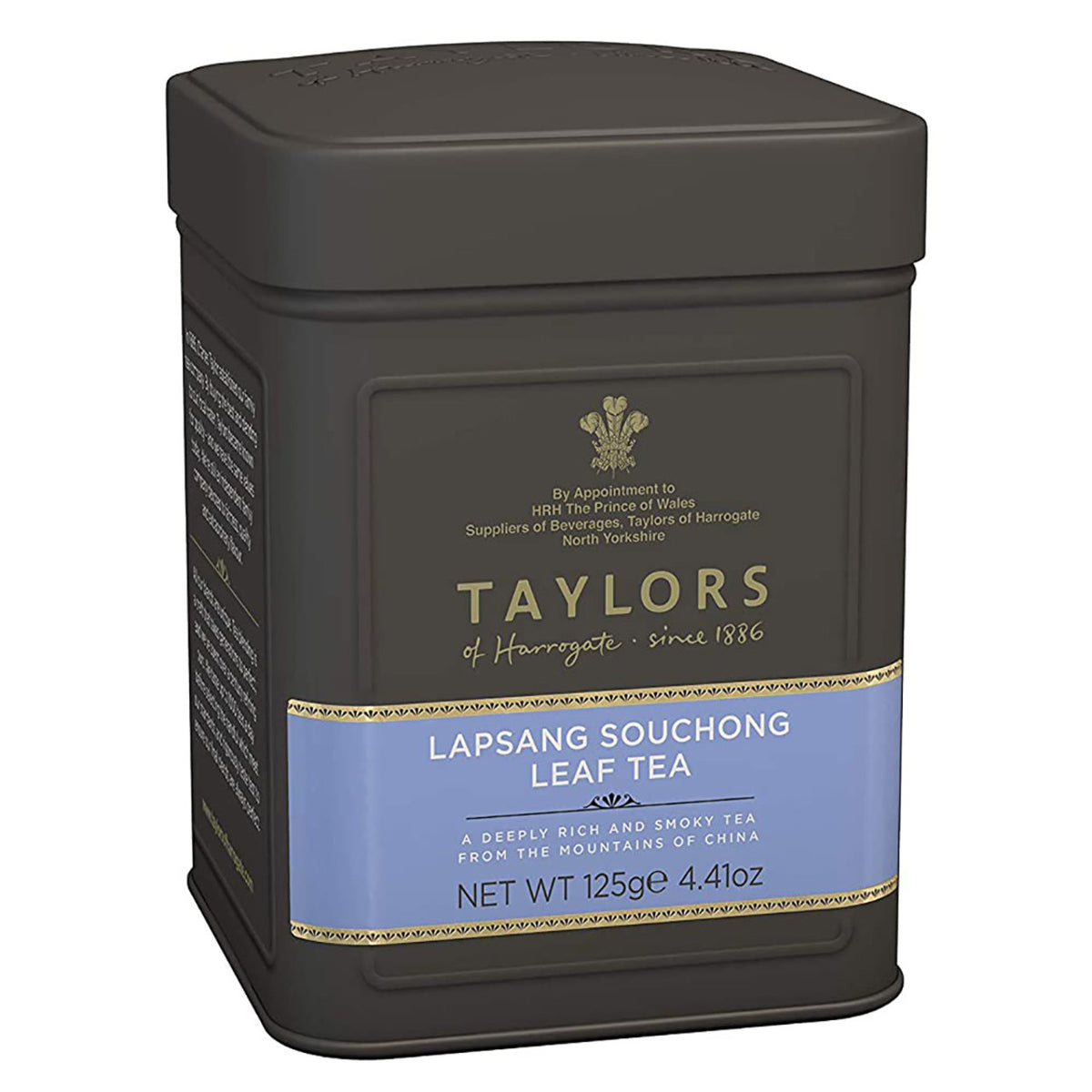 Taylors of Harrogate Lapsang Souchong leaf tea tin on a white background