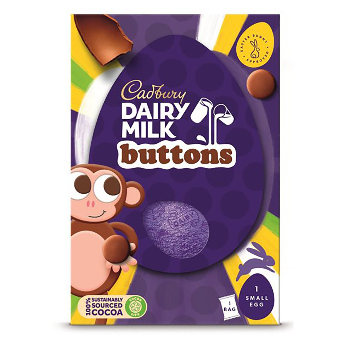 Cadbury Dairy Milk Buttons Easter egg packaging with a purple egg and cartoon monkey on a white background