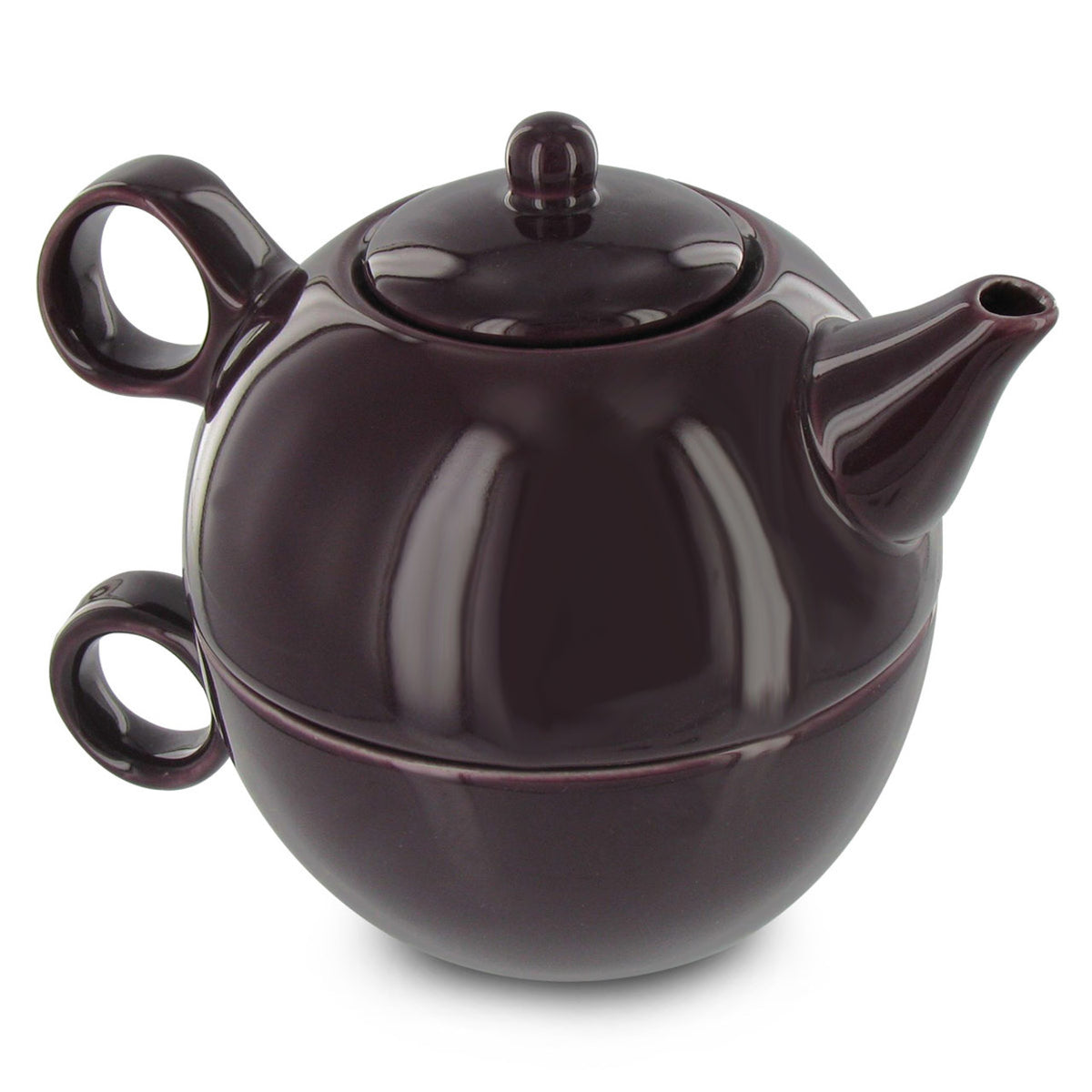 Plum ceramic teapot stacked on a teacup all on a white background