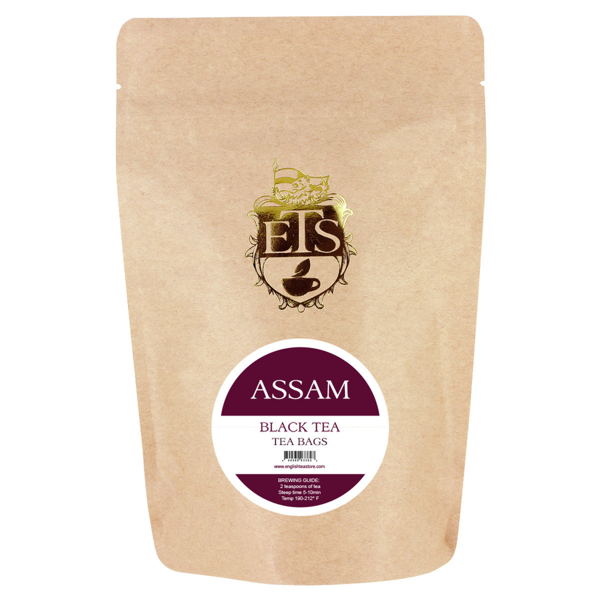 Kraft paper packaging of Assam black tea bags with a visible brand logo on a white background