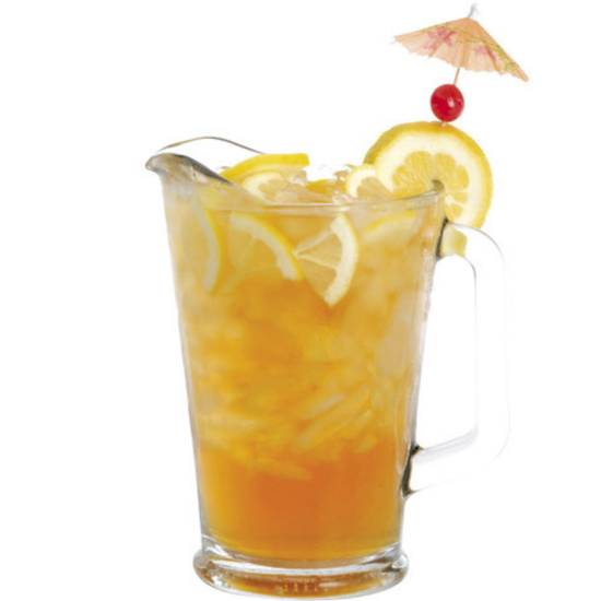 Glass pitcher of orange colored iced tea with lemon slices and a decorative umbrella on a white background