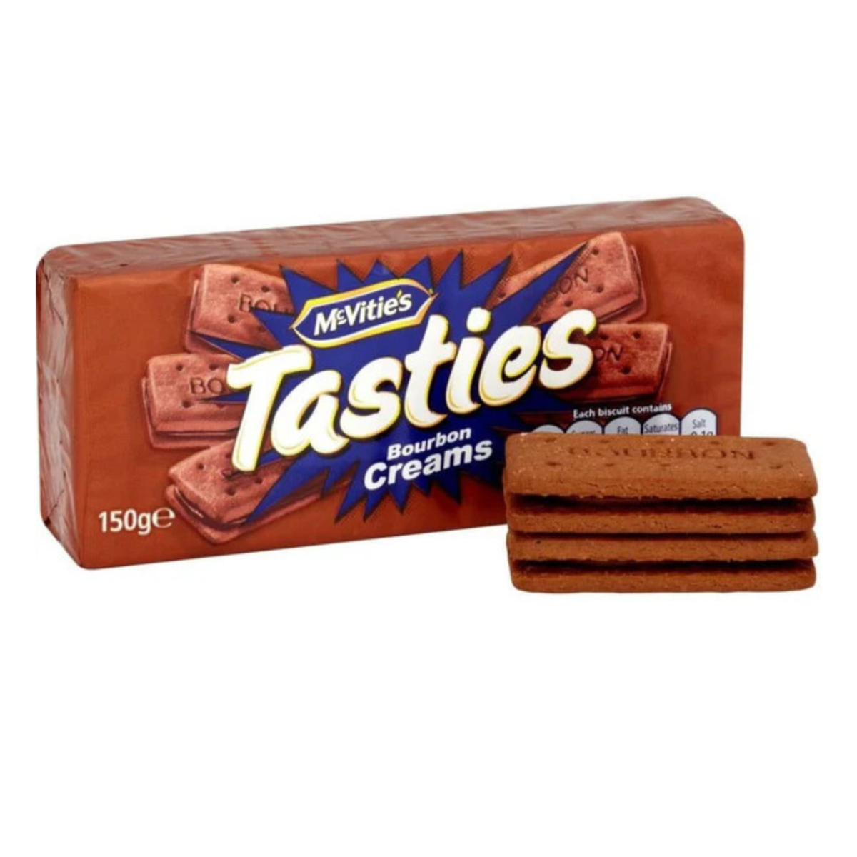 Box of McVitie's Tasties Bourbon Creams on a white background
