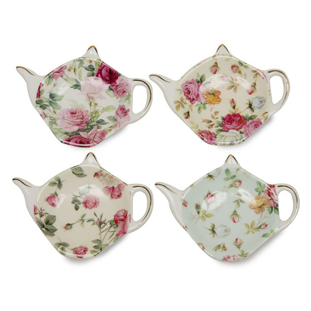 Four floral teapot shaped tea bag holder plates on a white background