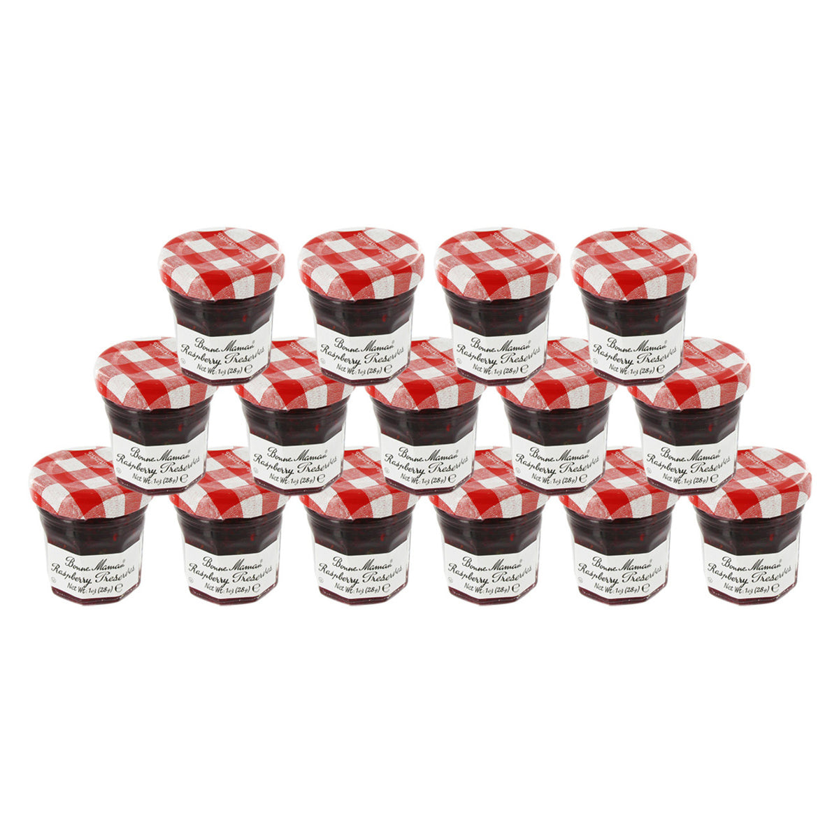 15 small jars of Bonne Maman raspberry preserves with a red and white checkered lid.