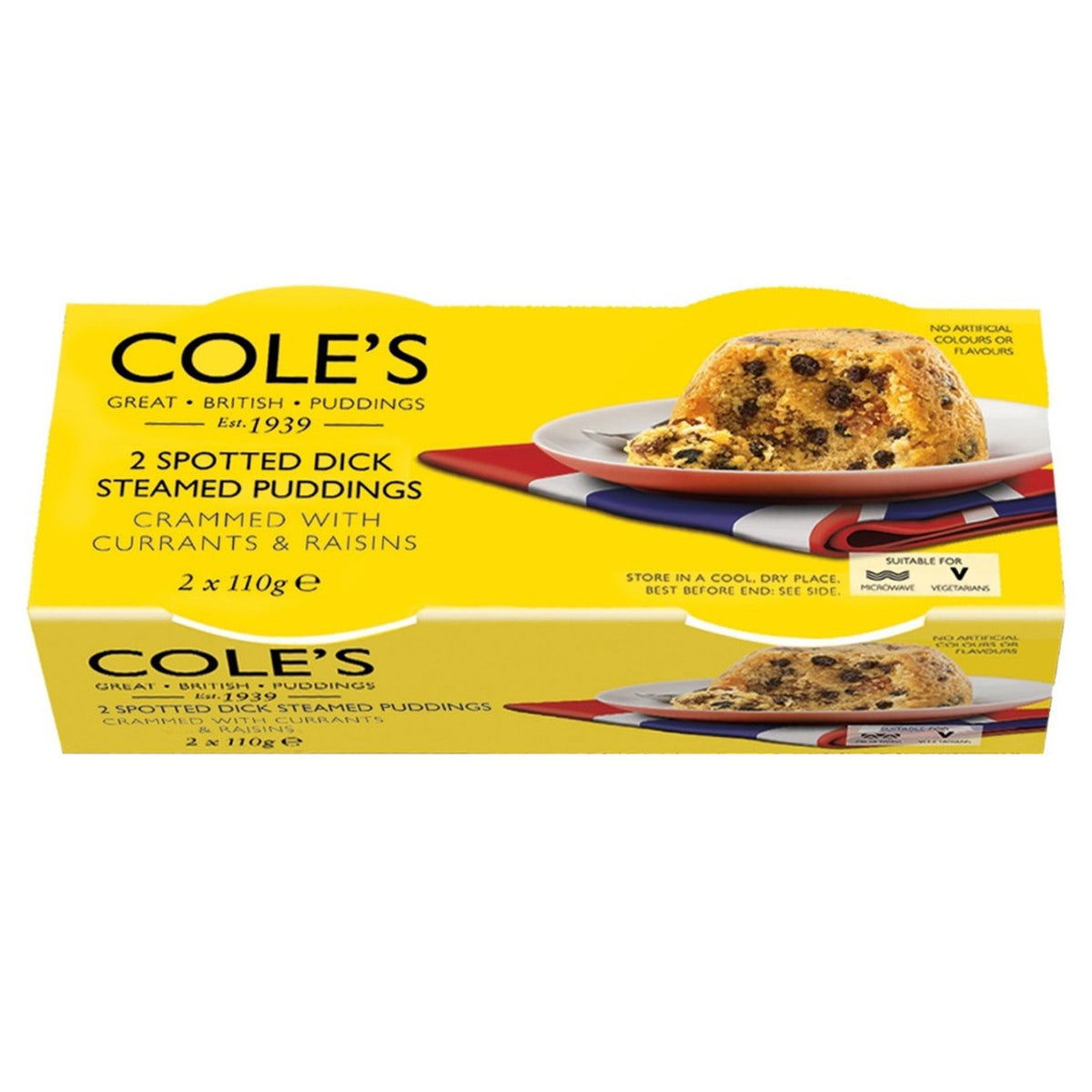 Box of Cole's Spotted Dick Steamed Puddings on a white background