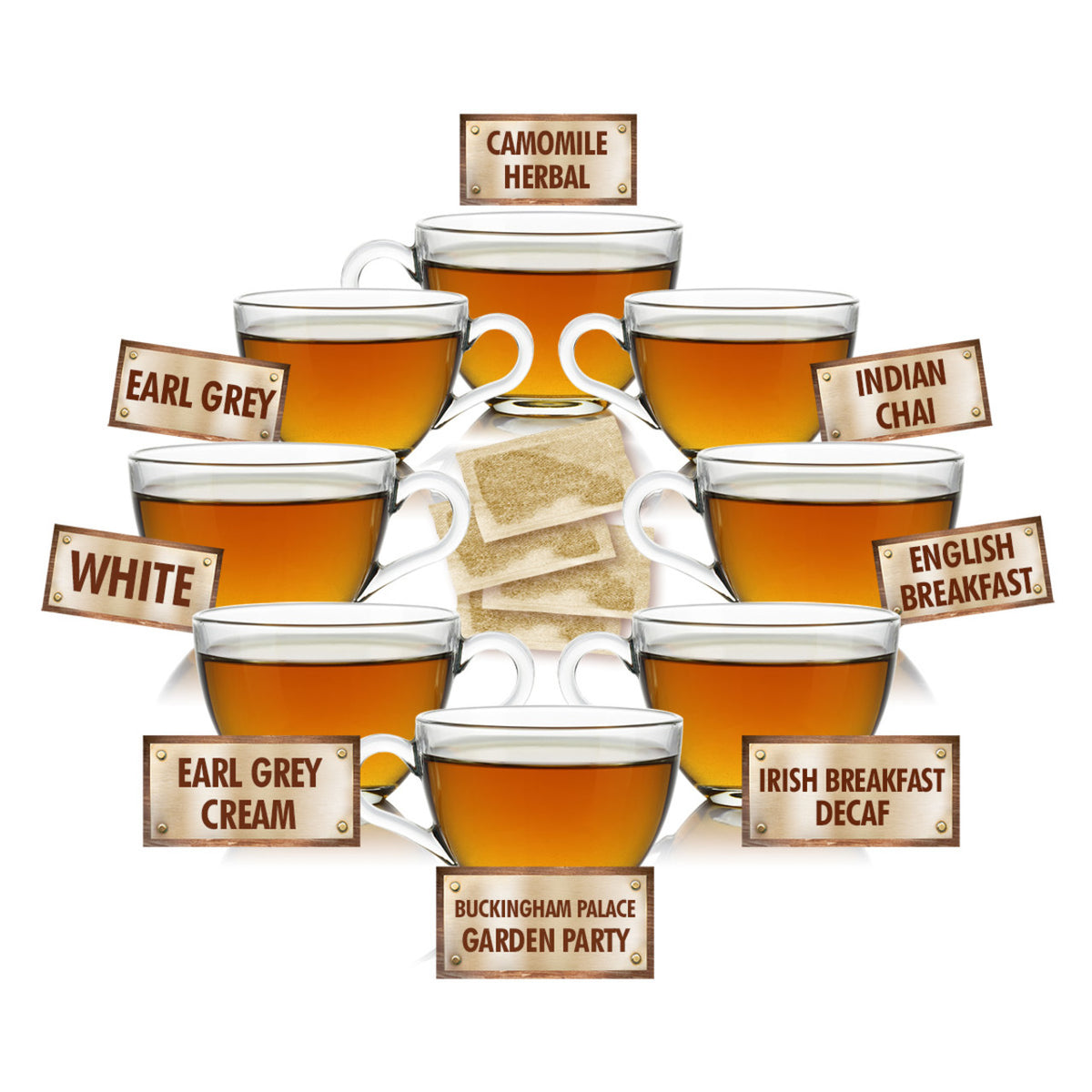 Tea cups with different types of tea and tea bags on a white background