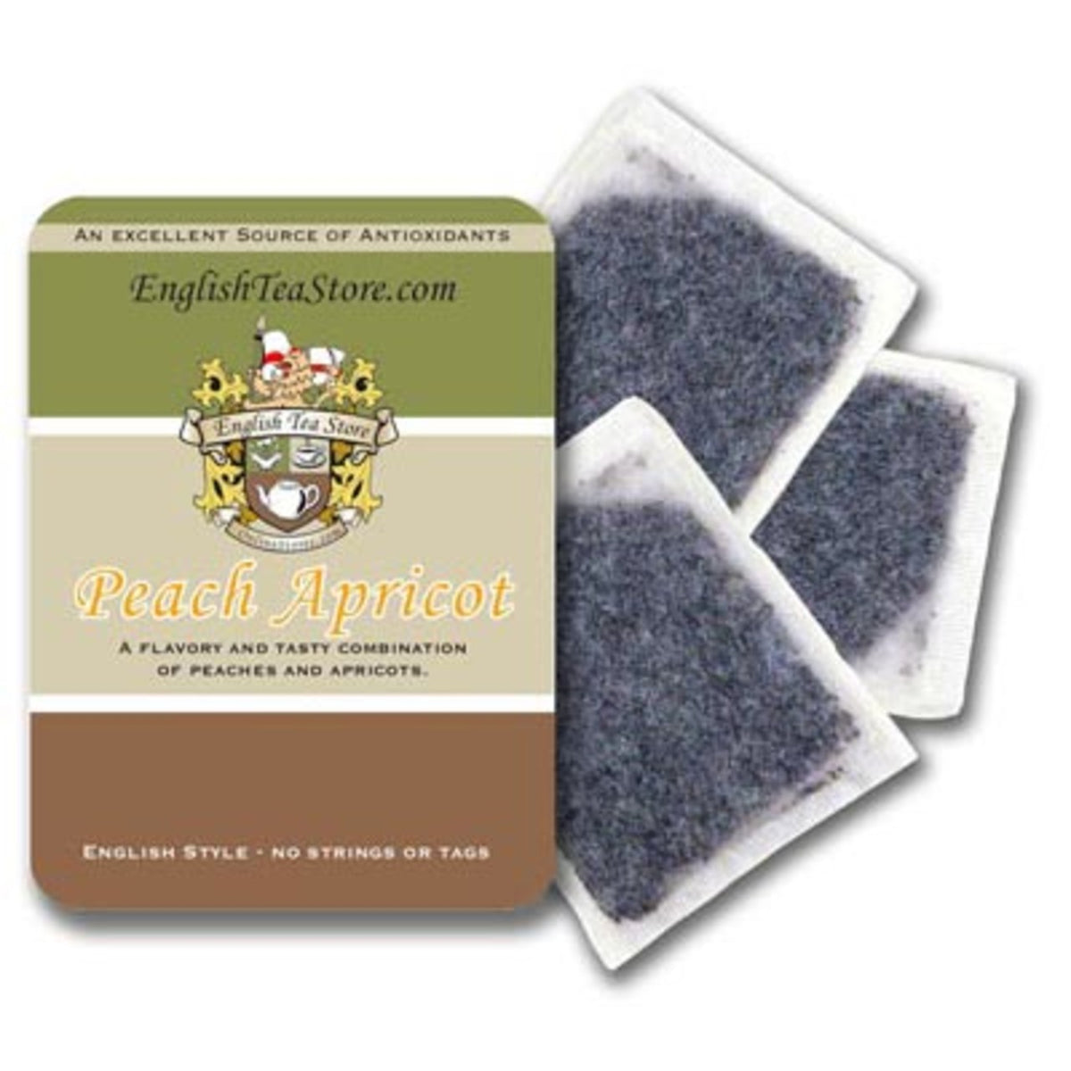 A pouch of English Tea Store's Peach Apricot Tea bags, with the product name displayed on the front.