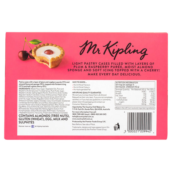 Back of a Mr Kipling pastry packaging with product description and branding.