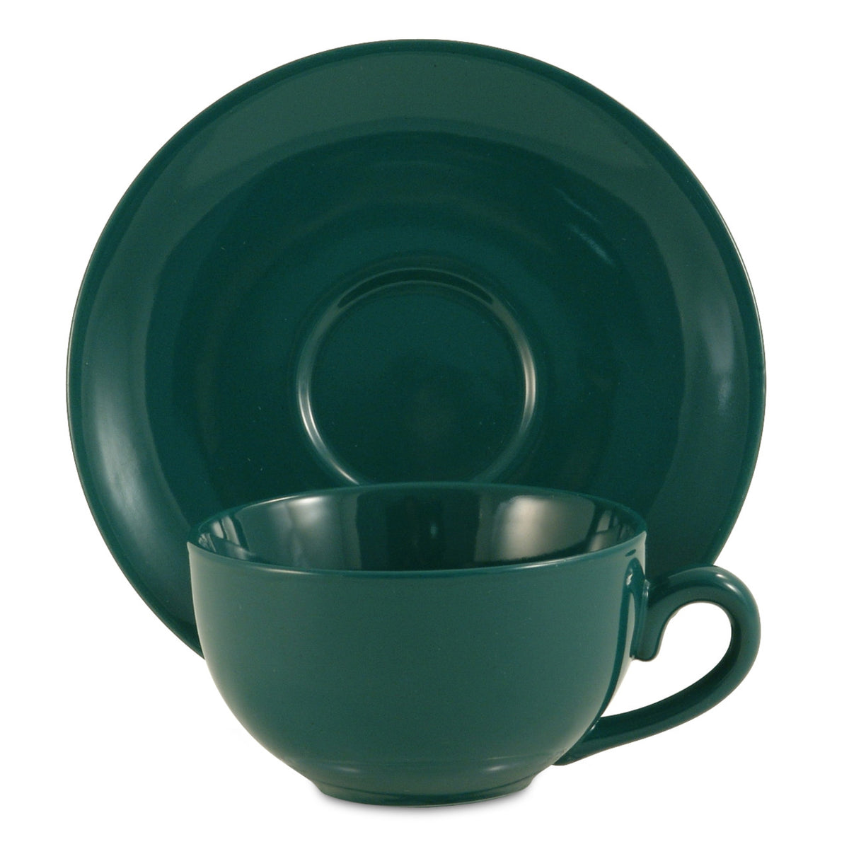 Green cup and saucer set on a white background