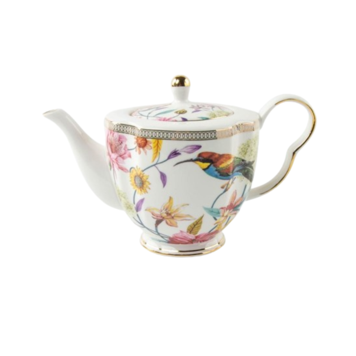 Decorative porcelain teapot with floral patterns on a white background