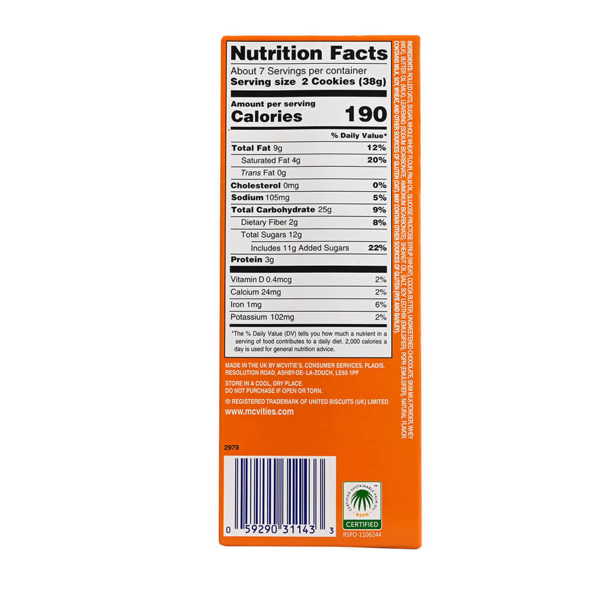 Nutrition facts on the side of a box of McVities HobNobs