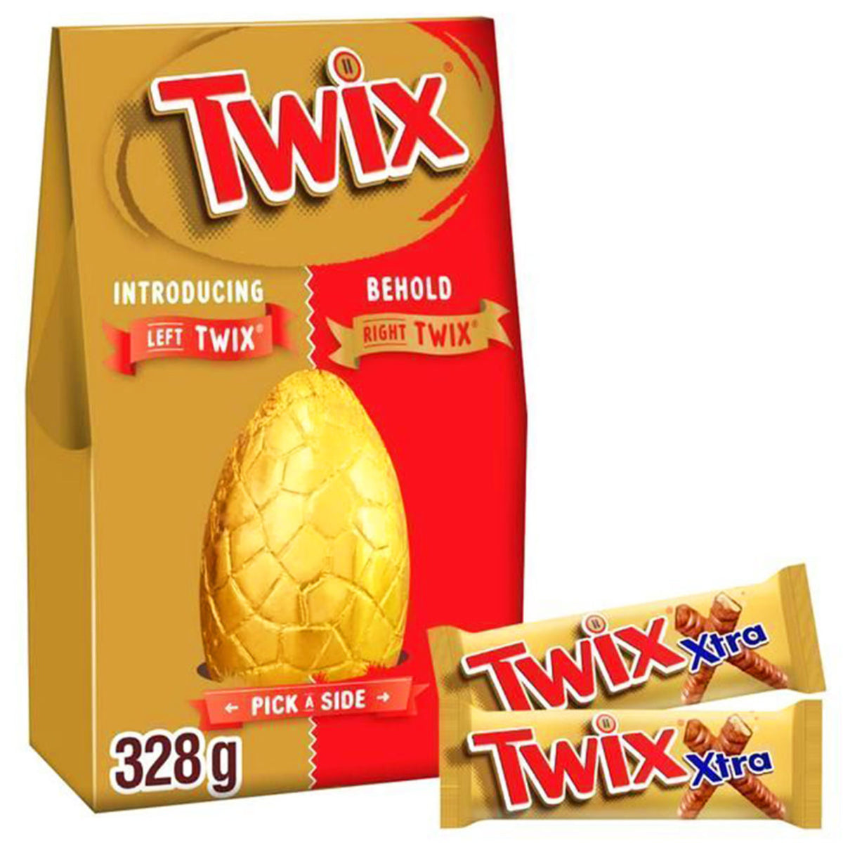 Twix Easter egg packaging with two Twix bars on a white background