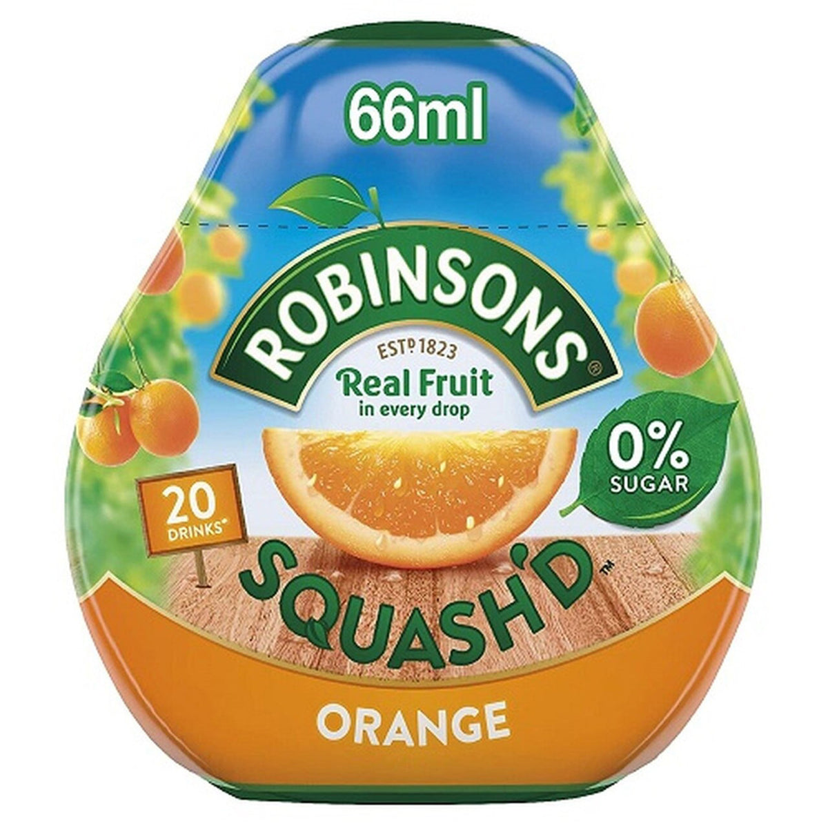 Robinsons Squash'd Orange drink concentrate 66ml container on a white background