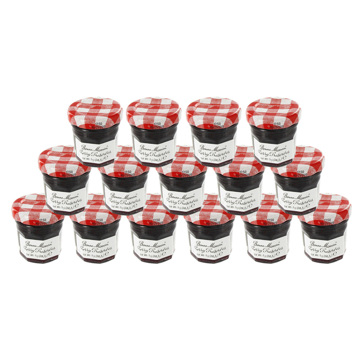15 small jars of Bonne Maman Mini Preserves with a Morello Cherry flavor, featuring a red and white checkered lid and a label with the brand name and product description.