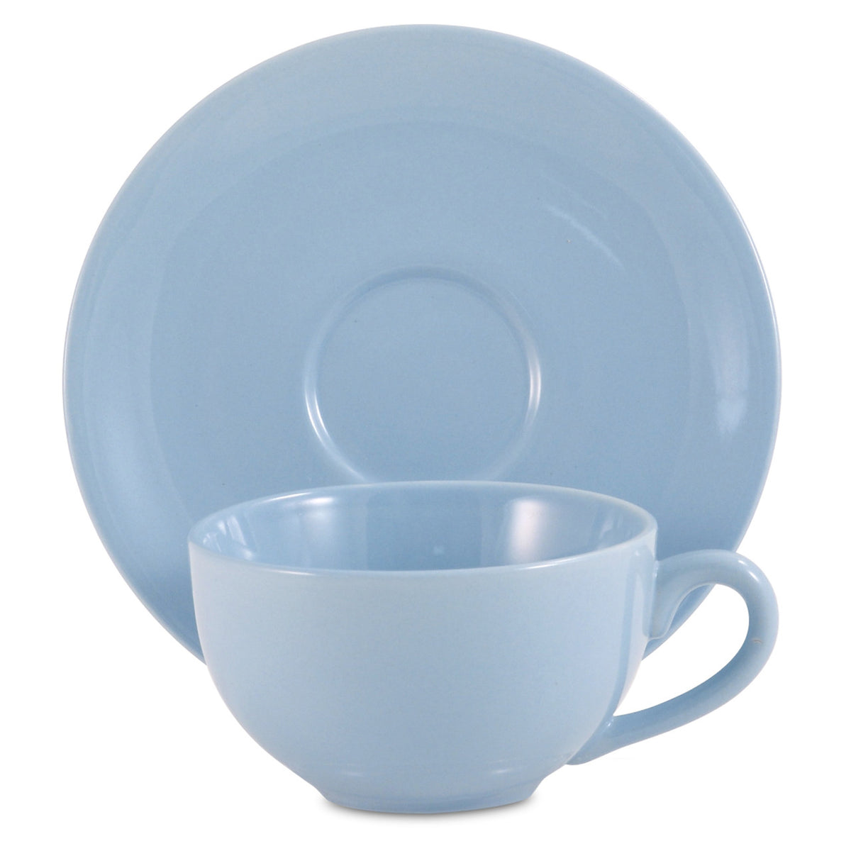 Light blue ceramic teacup and saucer set on a white background