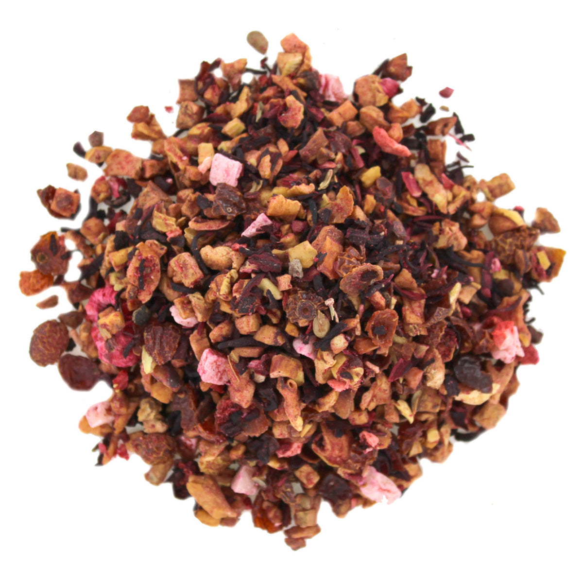 Heap of dried tea leaves and petals on a white background