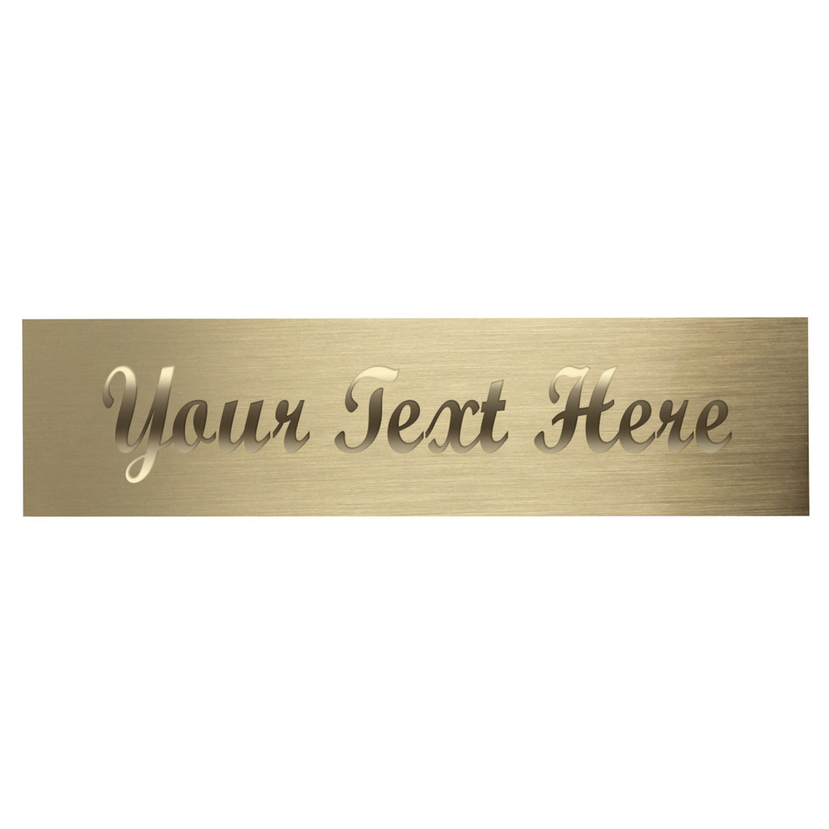 Gold nameplate with placeholder for your text here written in cursive