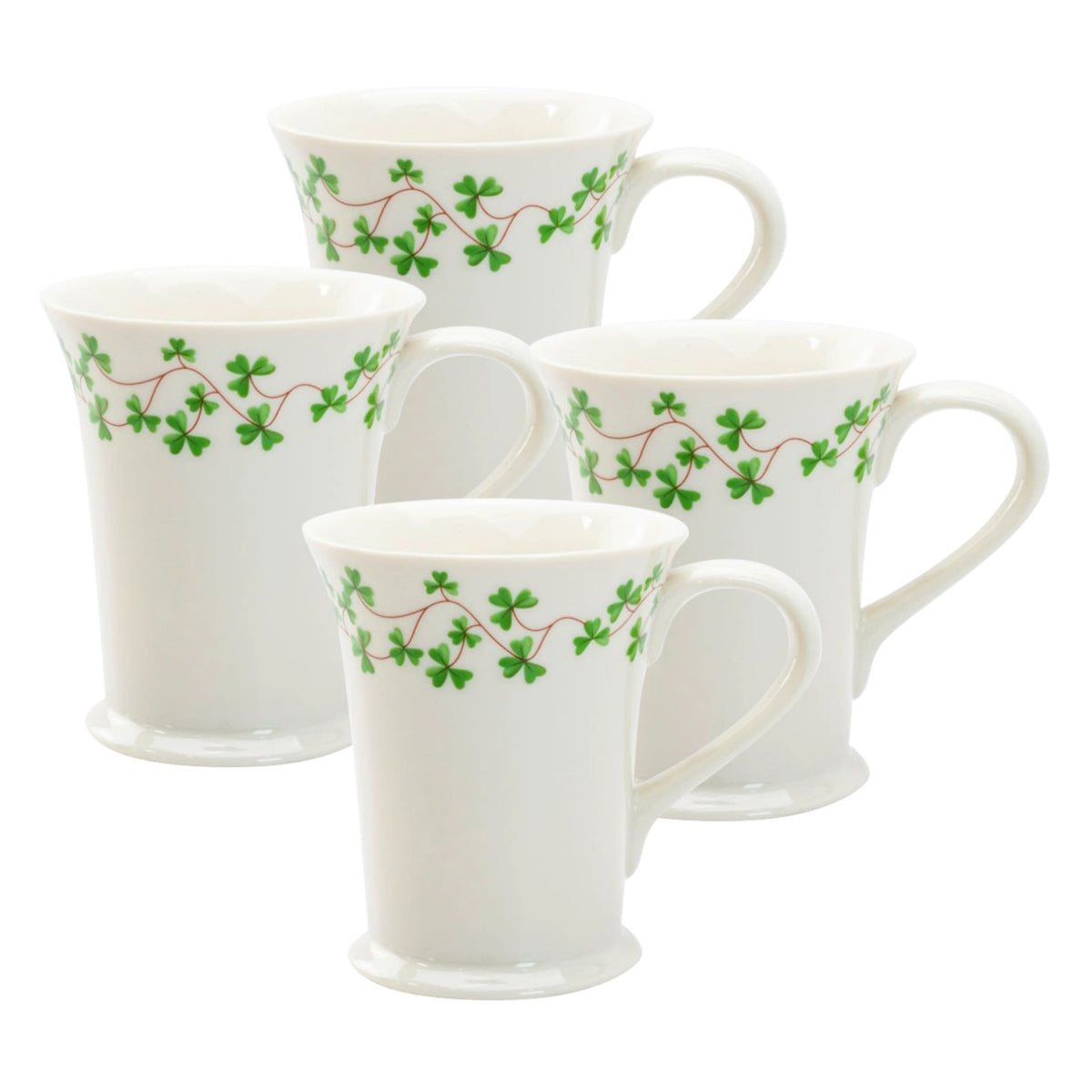 Set of four white mugs with green floral patterns on a white background