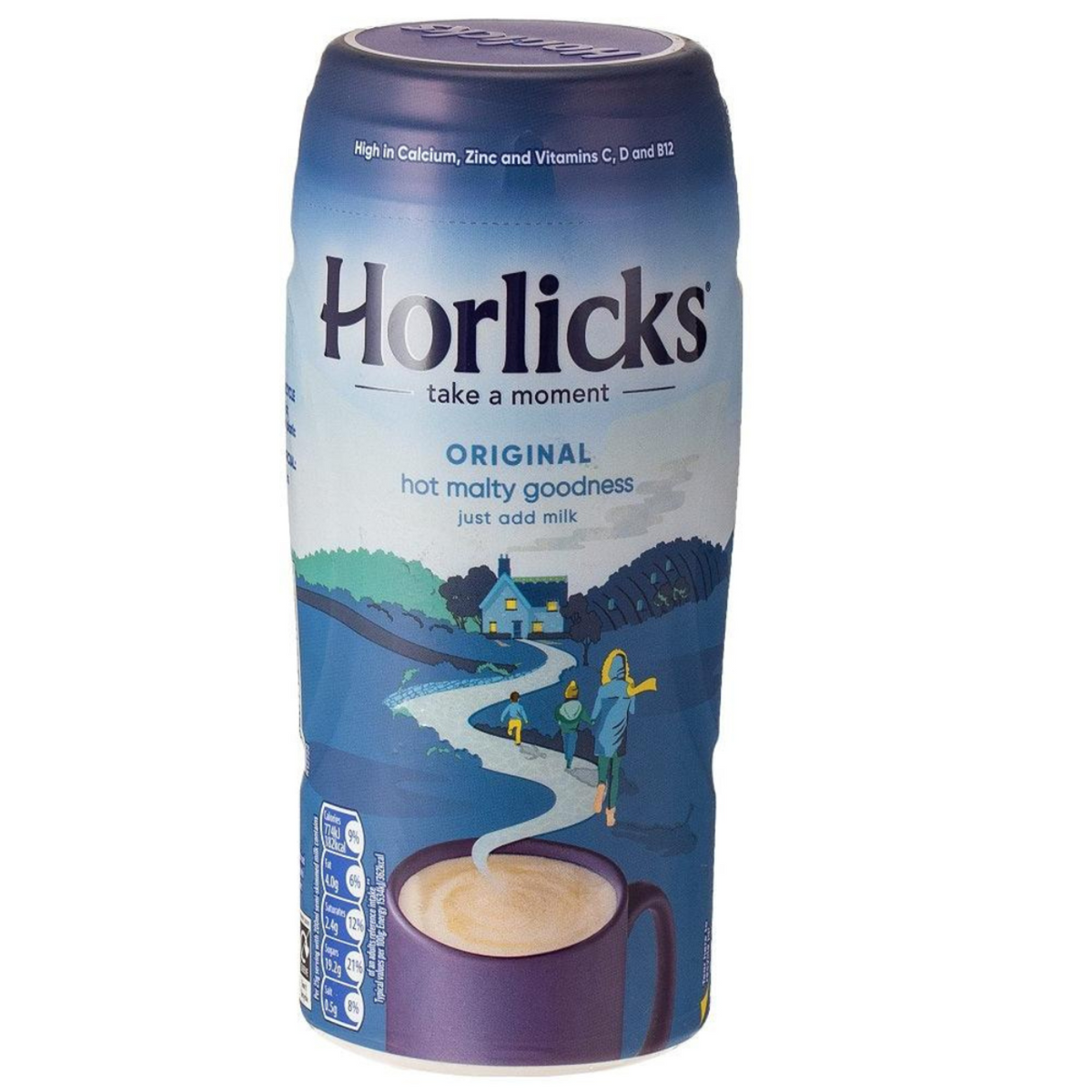 Horlicks container with a scenic design on a white background