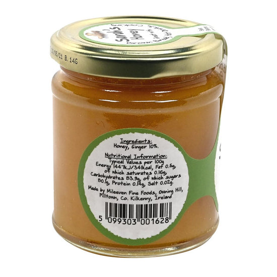Jar of 'Sarah's Zesty Honey with Ginger with ingredients list and nutritional information.
