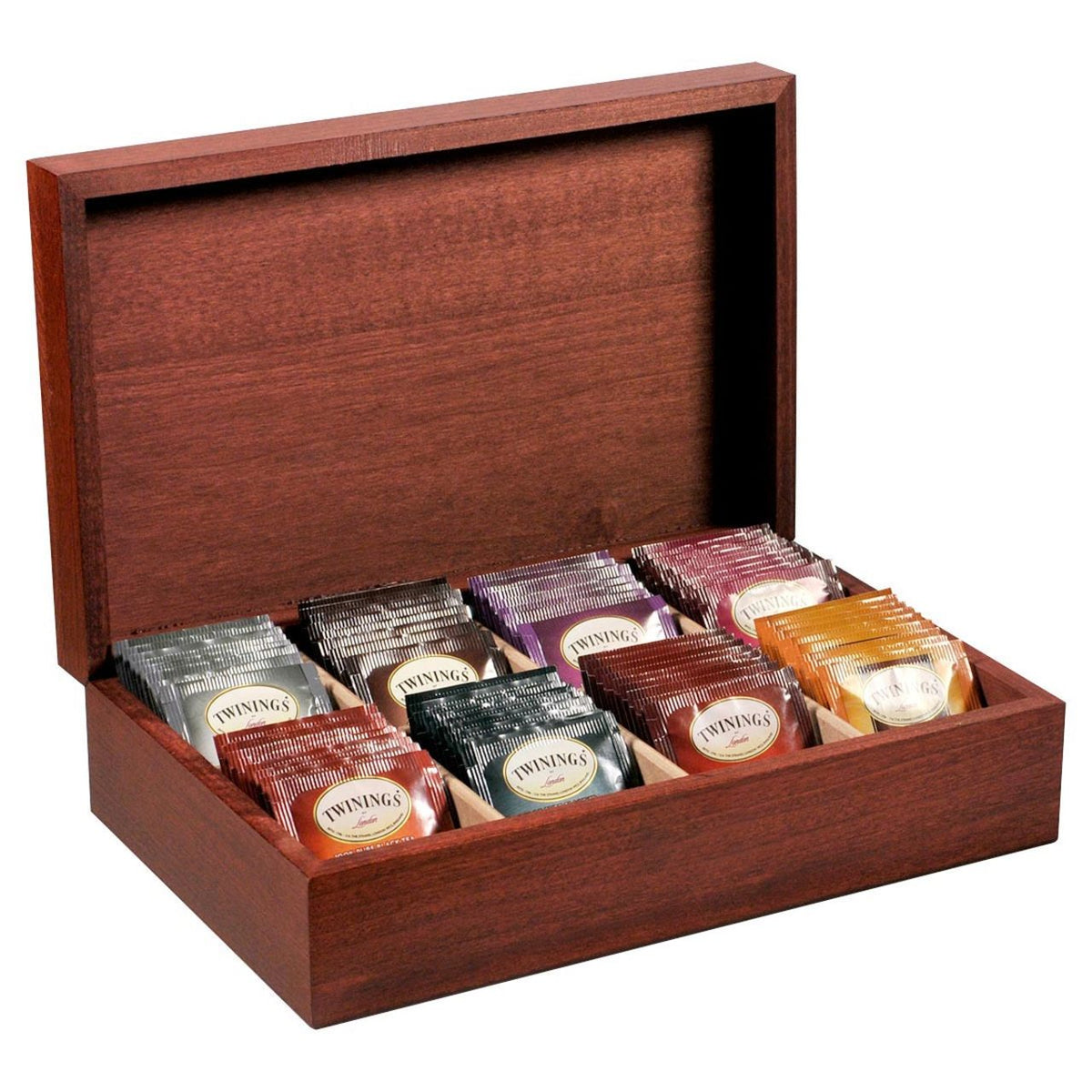 Wooden box with assorted Twinings tea bags on a white background