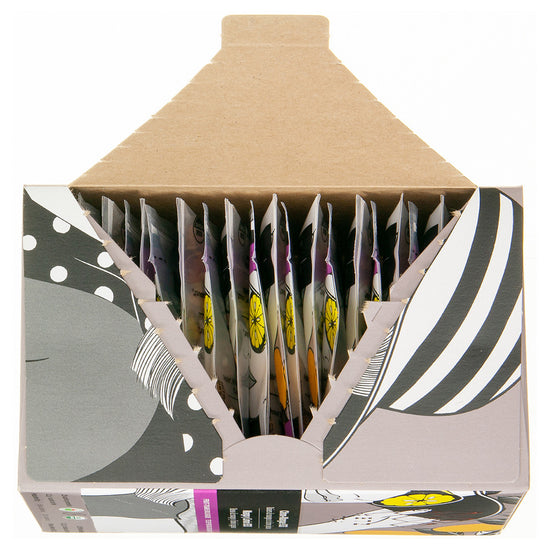 Tea bag packaging with various designs on a white background opened to show the inside individually wrapped teabags