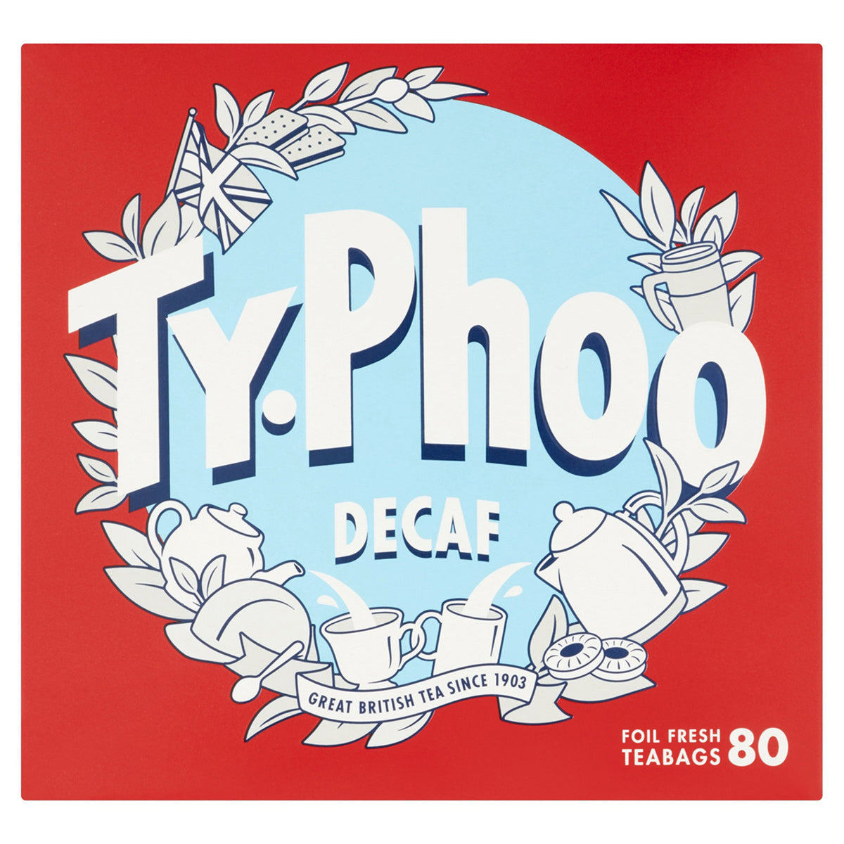 Typhoo Decaf tea packaging with decorative elements on a red background