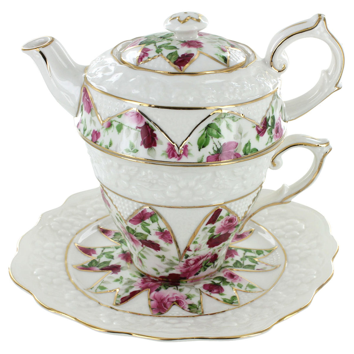 Porcelain teapot, cup, and saucer set with floral design on a white background