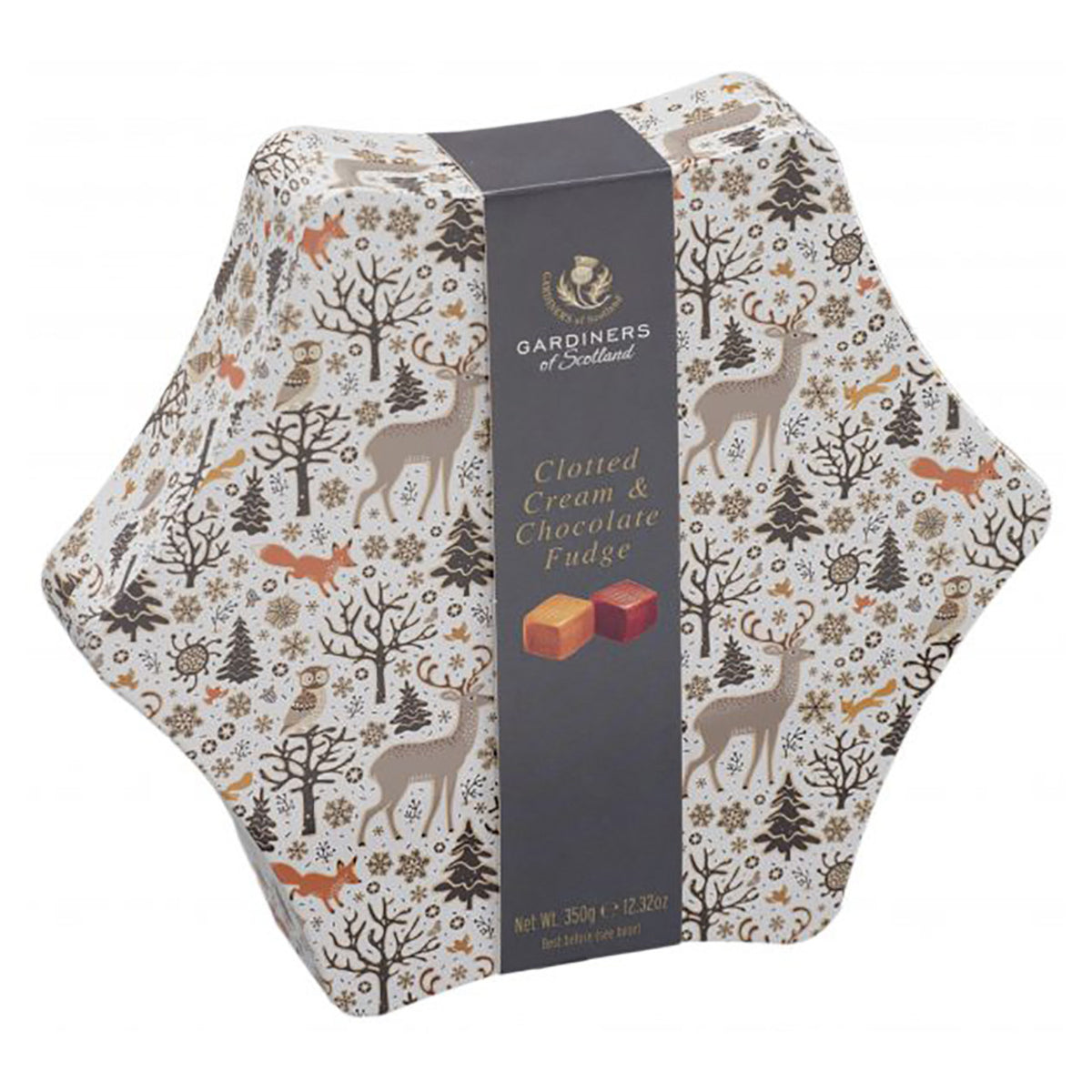 Hexagonal box of Gardiners of Scotland Clotted Cream & Chocolate Fudge with forest design