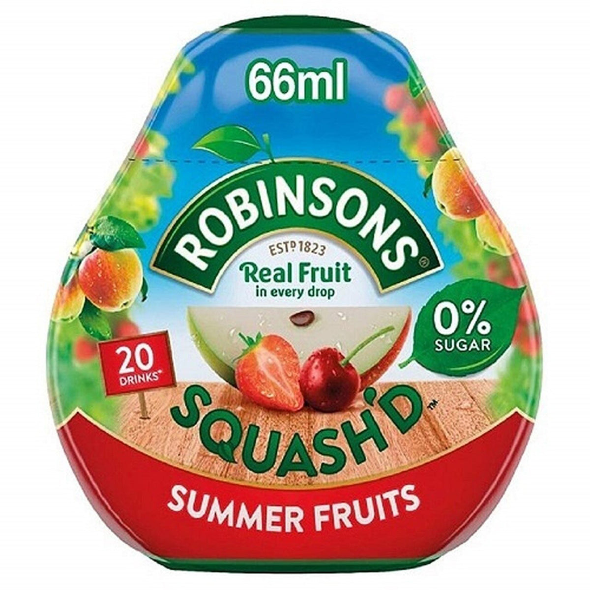 Robinsons Squash'd Summer Fruits packaging with branding and fruit illustrations.