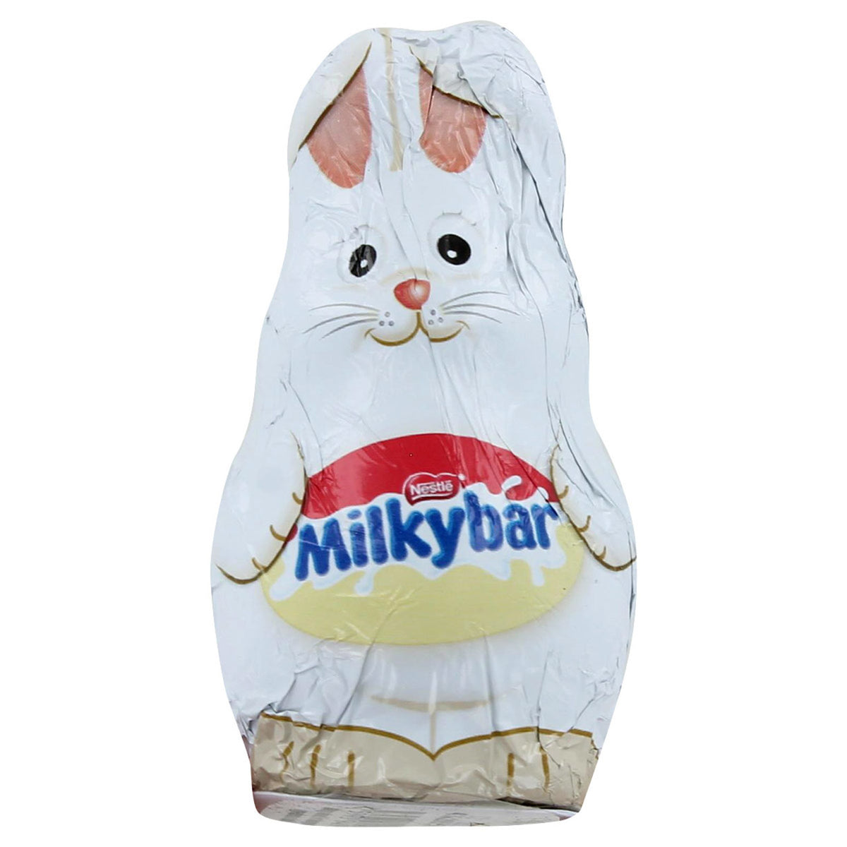 Milkybar chocolate bar in a rabbit-shaped wrapper on a white background