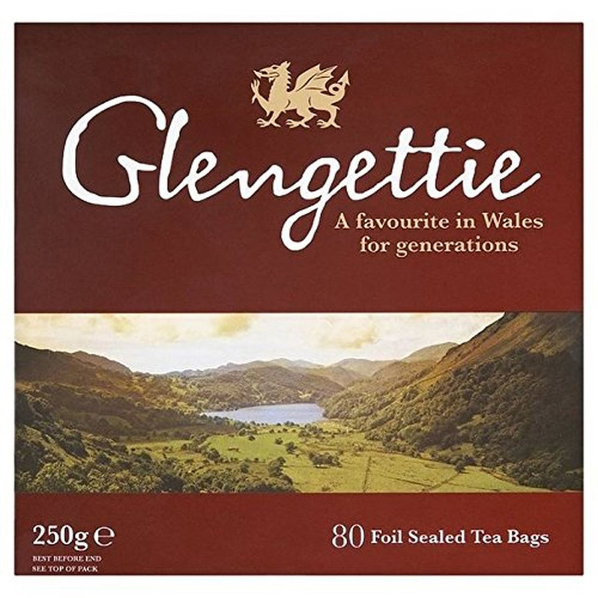 Glengettie tea packaging with a scenic Welsh landscape