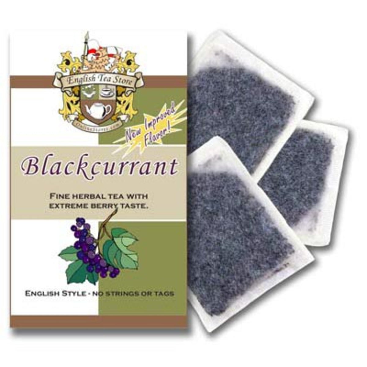 Packaging of Blackcurrant herbal tea bags by English Tea Store, with a brown kraft bag and a gold and white brand logo.