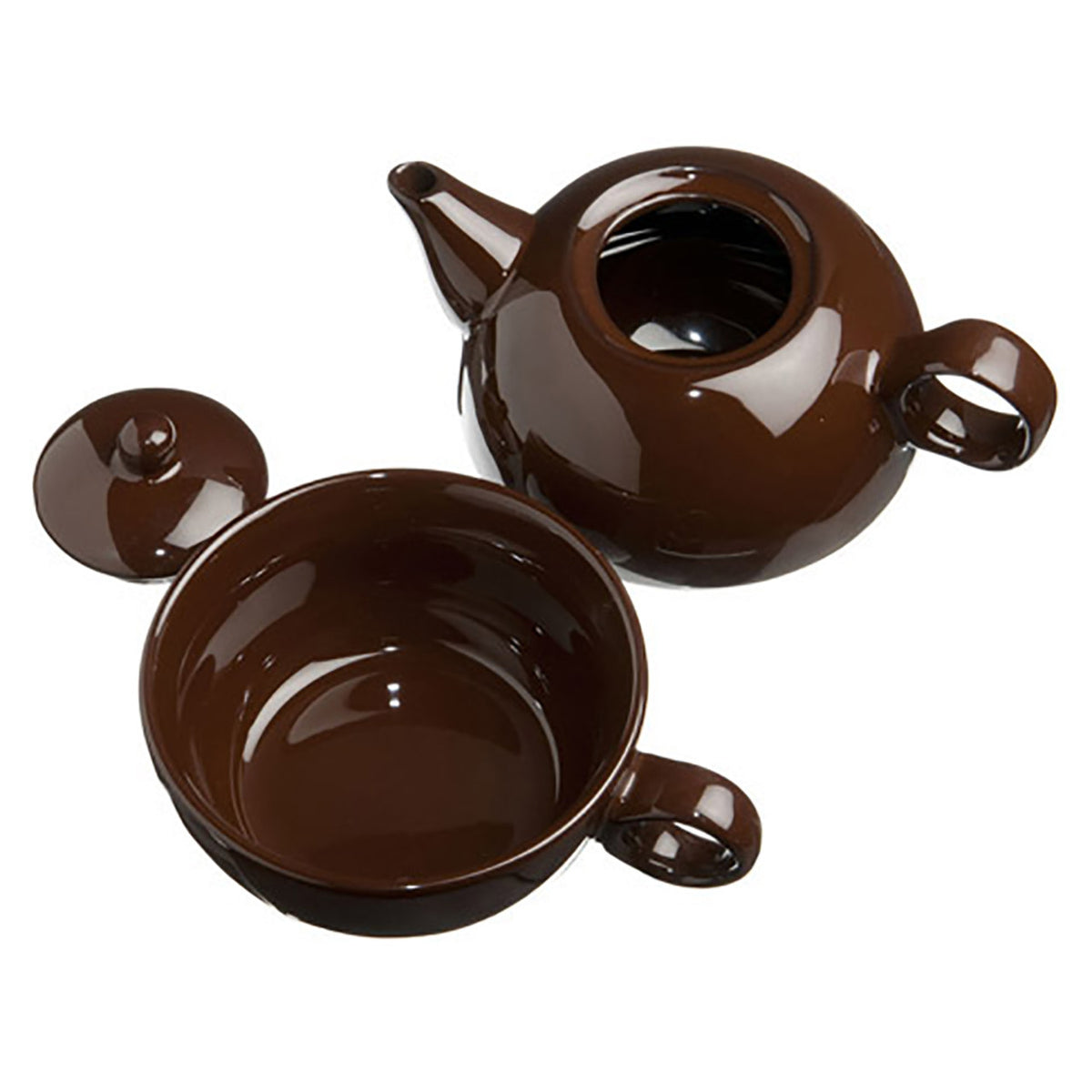 Brown ceramic teapot and cup set on a white background