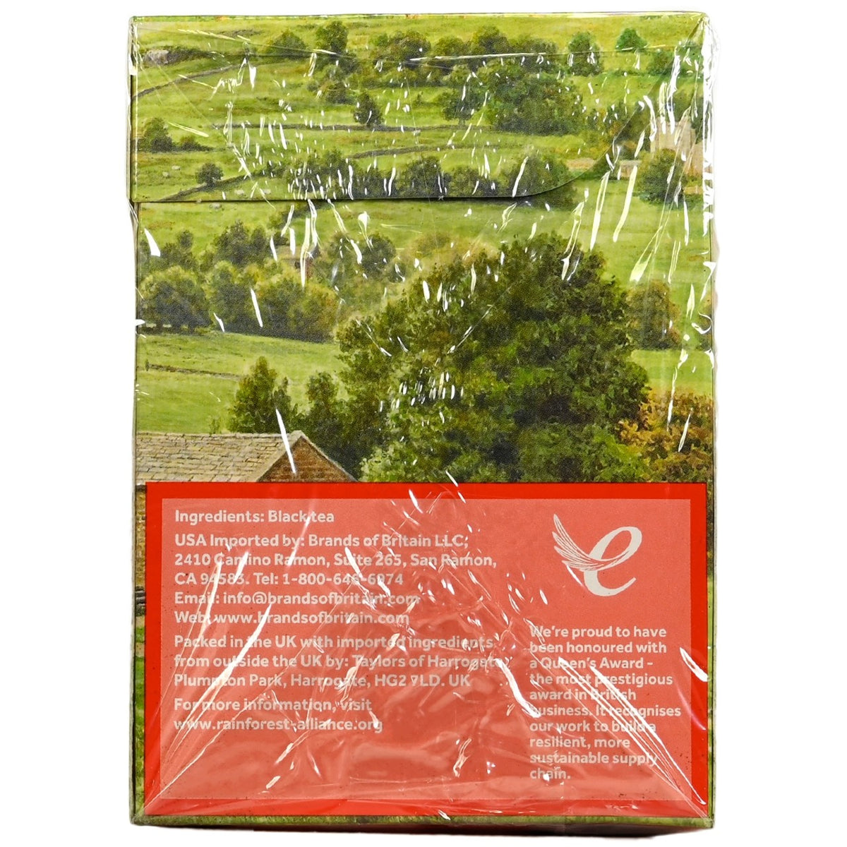 Box of Taylors of Harrogate Yorkshire Tea with a scenic design and ingredients list