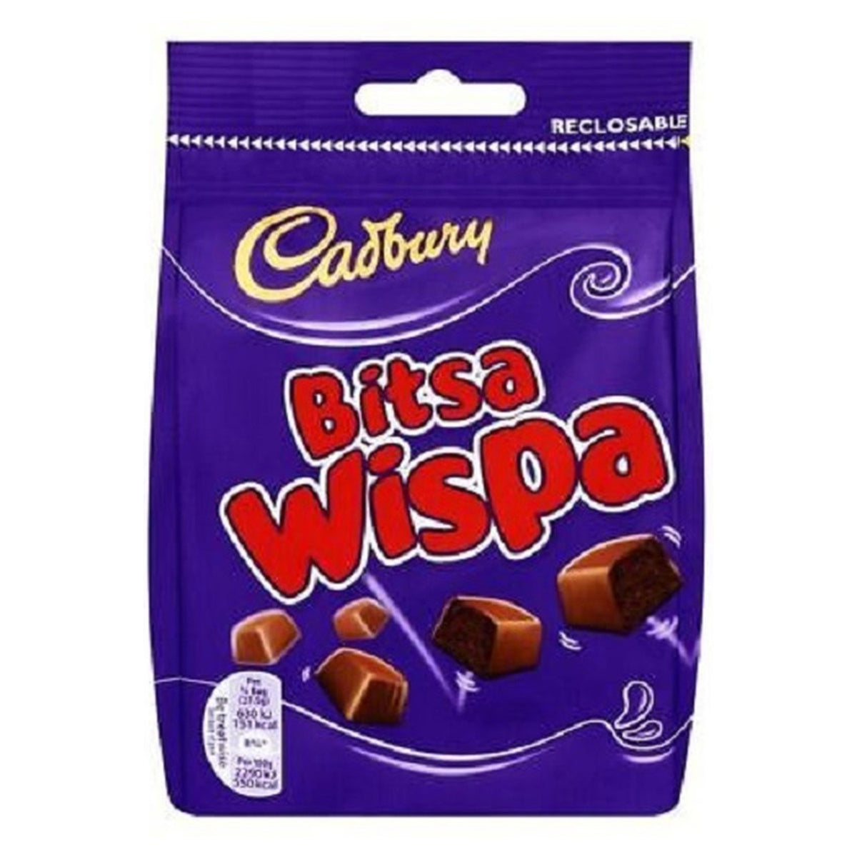 Purple Cadbury Bitsa Wispa chocolate packaging on a white background