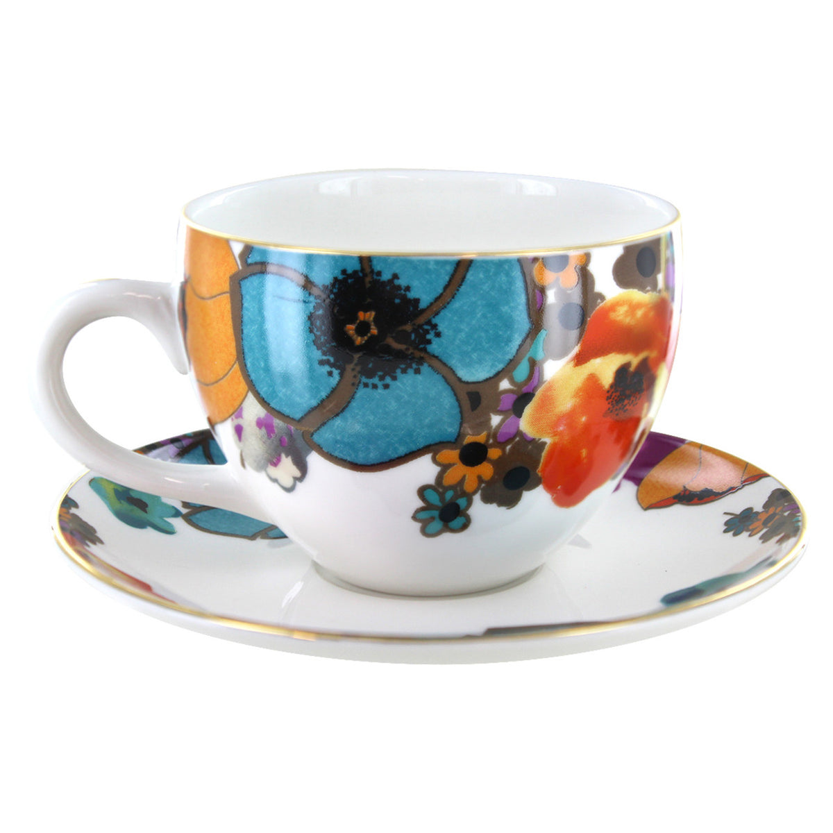 Ceramic cup and saucer with colorful floral design on a white background