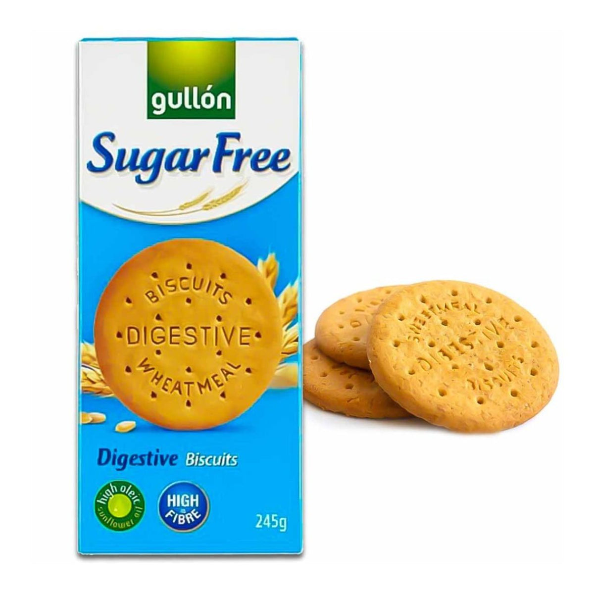 Gullón Sugar Free Digestive Biscuits packaging with biscuits on a white background