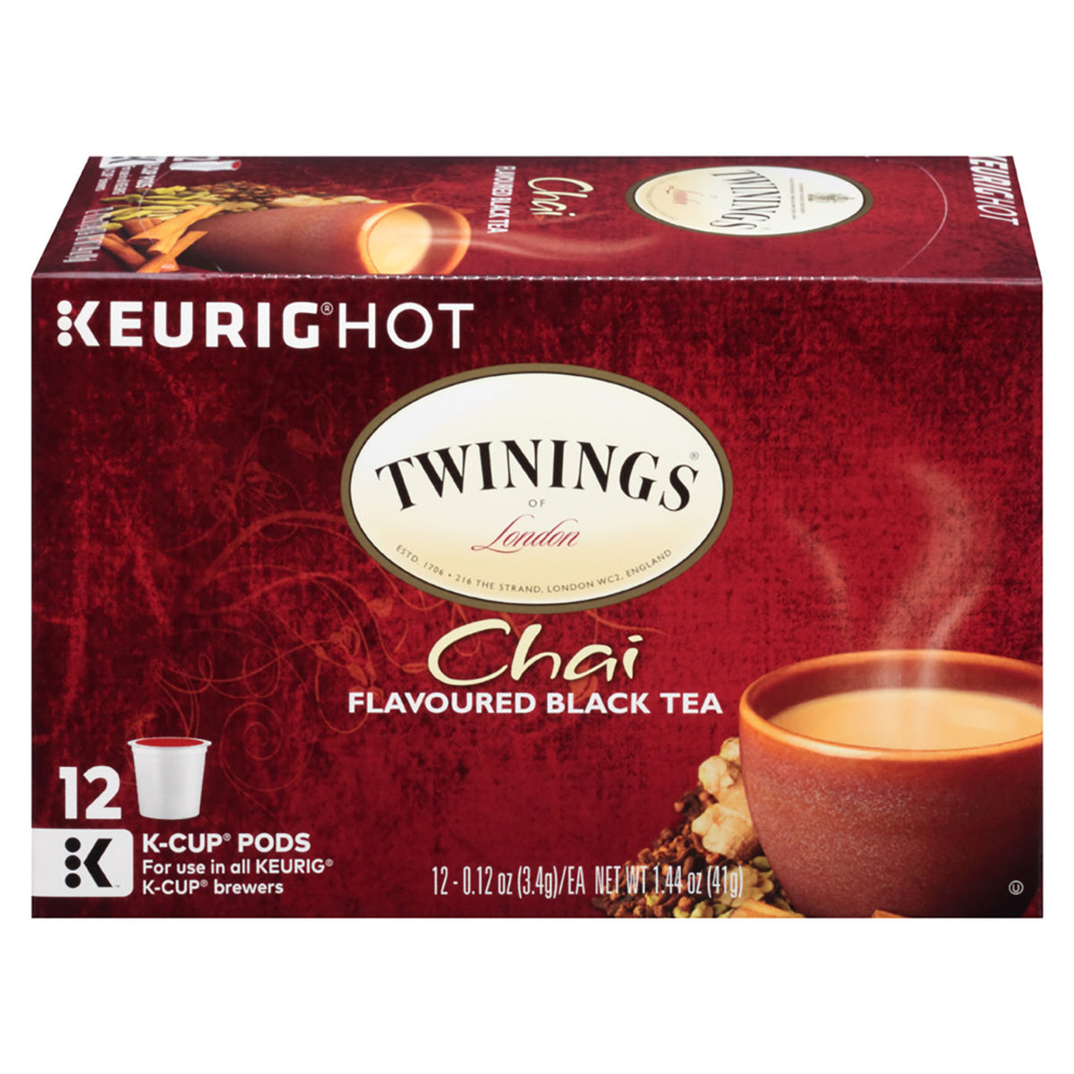 Box of Twinings Chai Flavoured Black Tea K-Cup pods with a red background