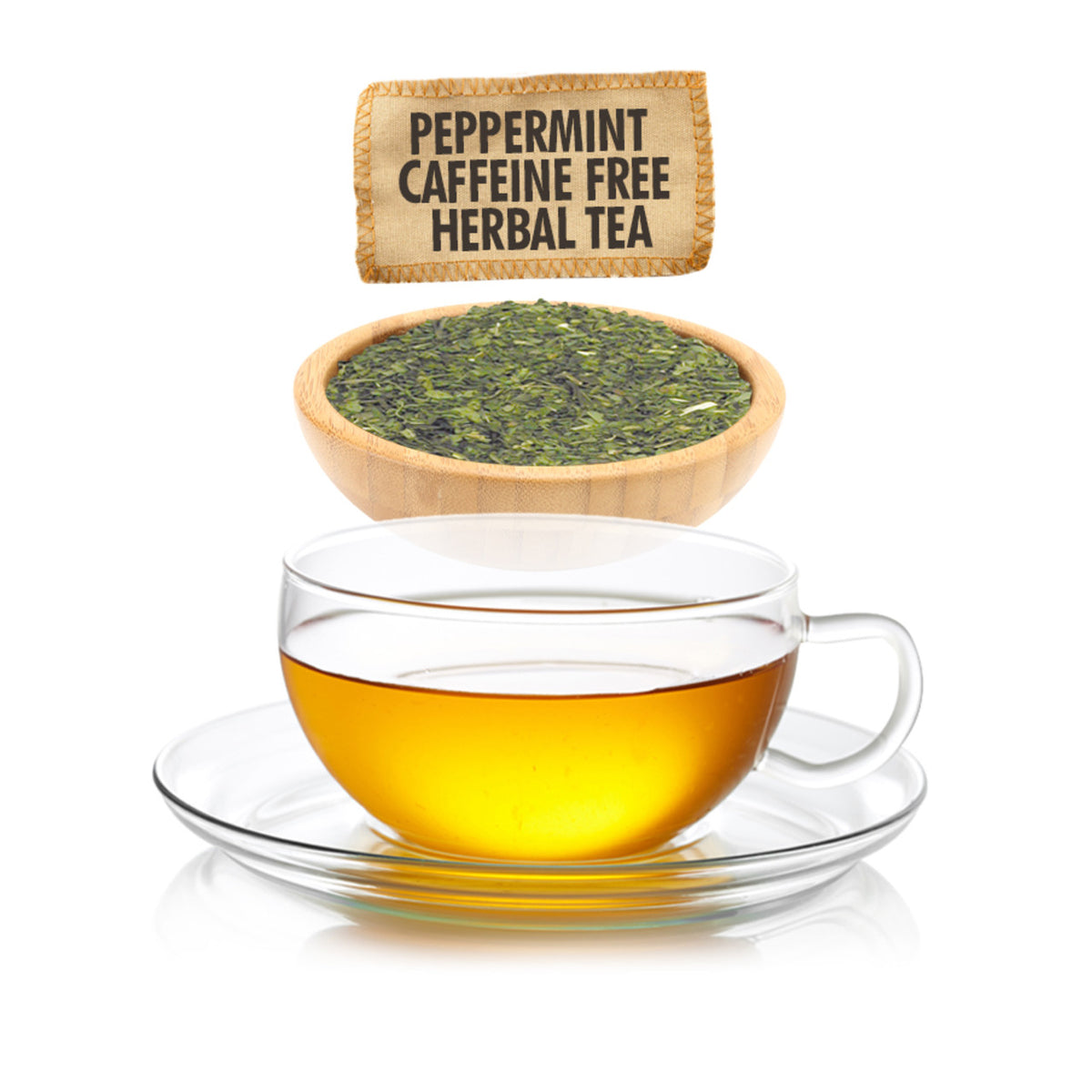 Glass cup of tea with a bowl of peppermint caffeine-free herbal tea leaves on a white background