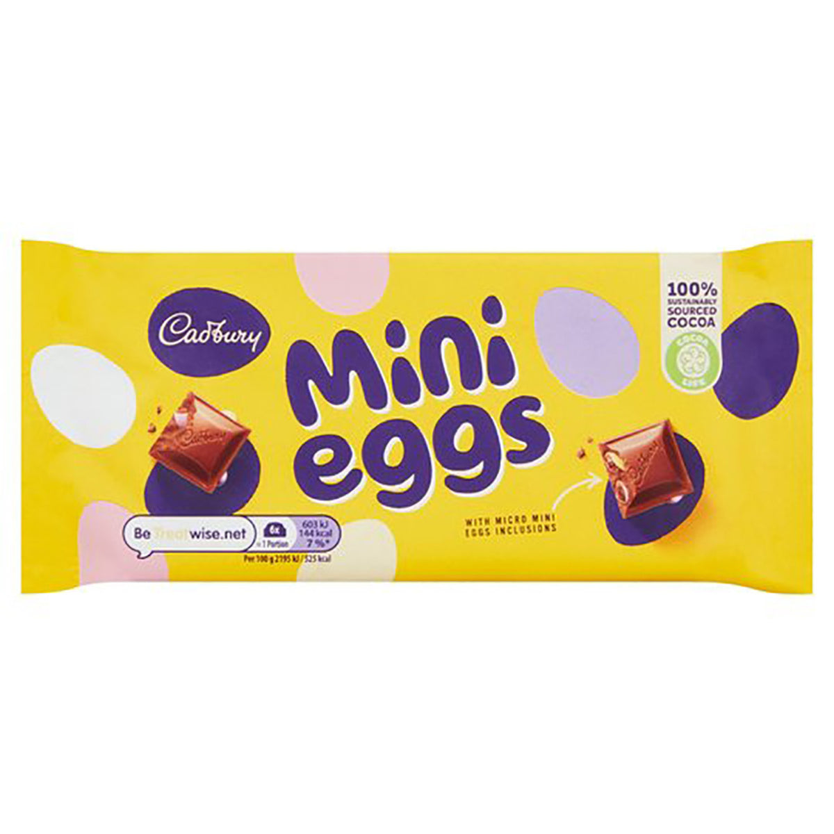 Cadbury Mini Eggs packaging with a yellow background